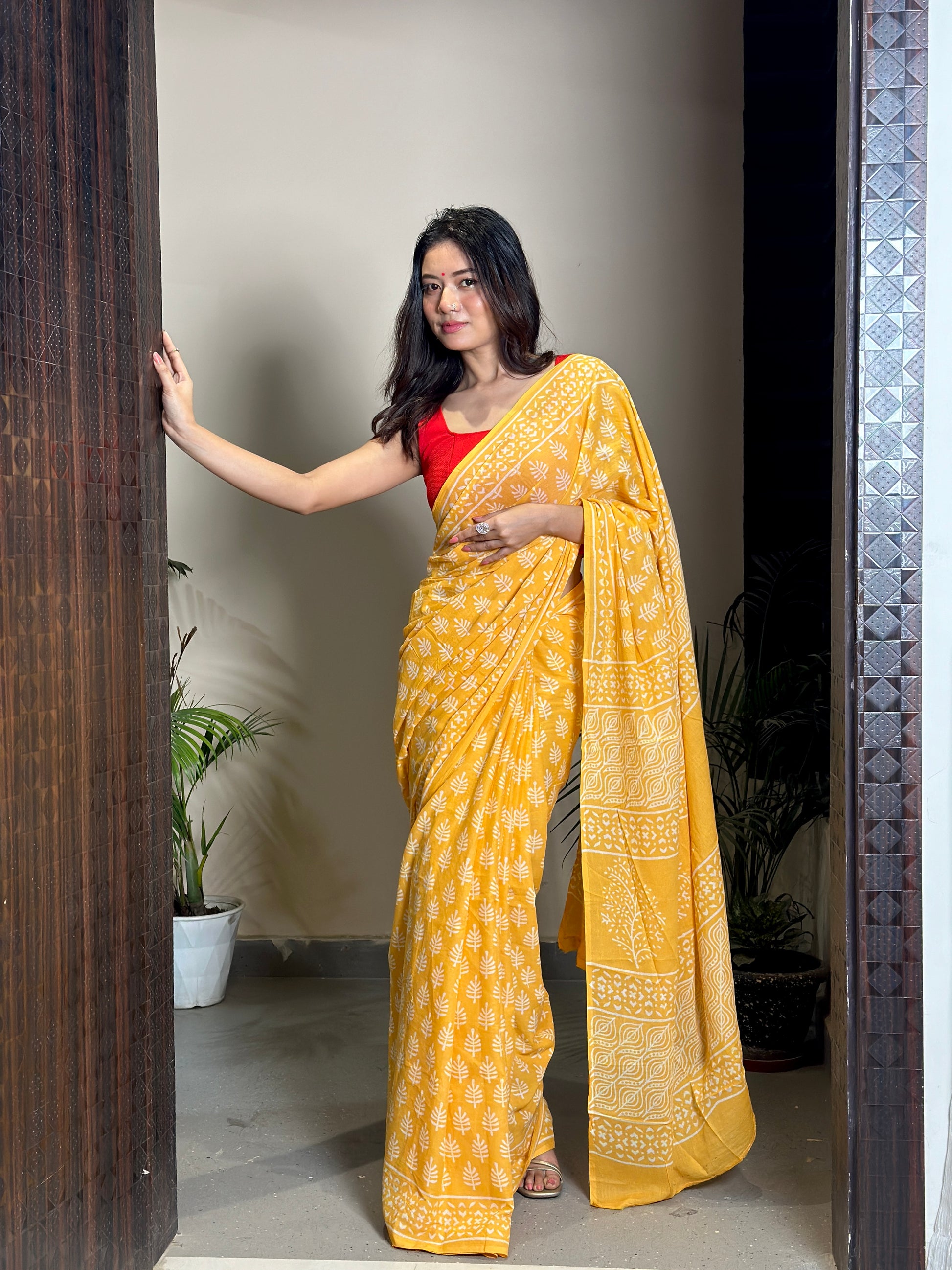 Poppins Collection - Yellow Poppins Candy - Handblock Print Natural Dyed - Mulmul Cotton Saree