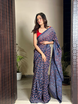 Dhalti Raat ( Stary Night In Dessert) - Bagru Natural Dyes Handblock Printed - Cotton Mulmul Saree