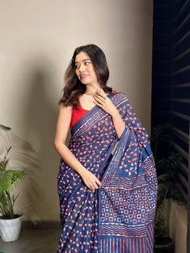 Dhalti Raat ( Stary Night In Dessert) - Bagru Natural Dyes Handblock Printed - Cotton Mulmul Saree