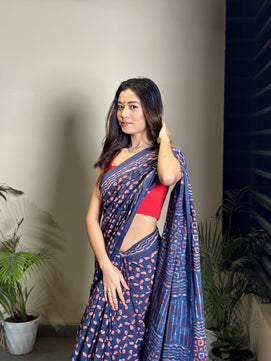 Dhalti Raat ( Stary Night In Dessert) - Bagru Natural Dyes Handblock Printed - Cotton Mulmul Saree