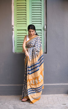 Blue Jasmine - Bagru Handblock Print Natural Dyed -  Blue Mulmul Cotton Saree