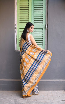 Blue Jasmine - Bagru Handblock Print Natural Dyed -  Blue Mulmul Cotton Saree