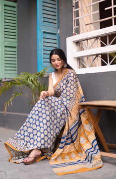 Blue Jasmine - Bagru Handblock Print Natural Dyed -  Blue Mulmul Cotton Saree