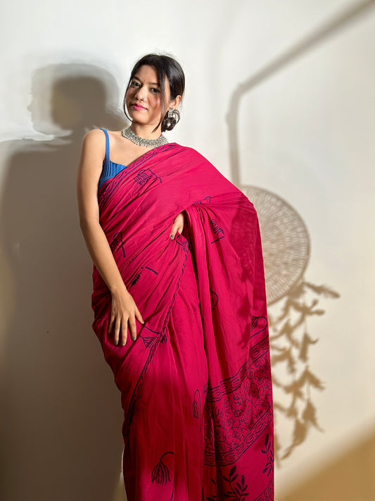 Mera Wala Pink - Handblock Print Natural Dyed - Mulmul Cotton Saree