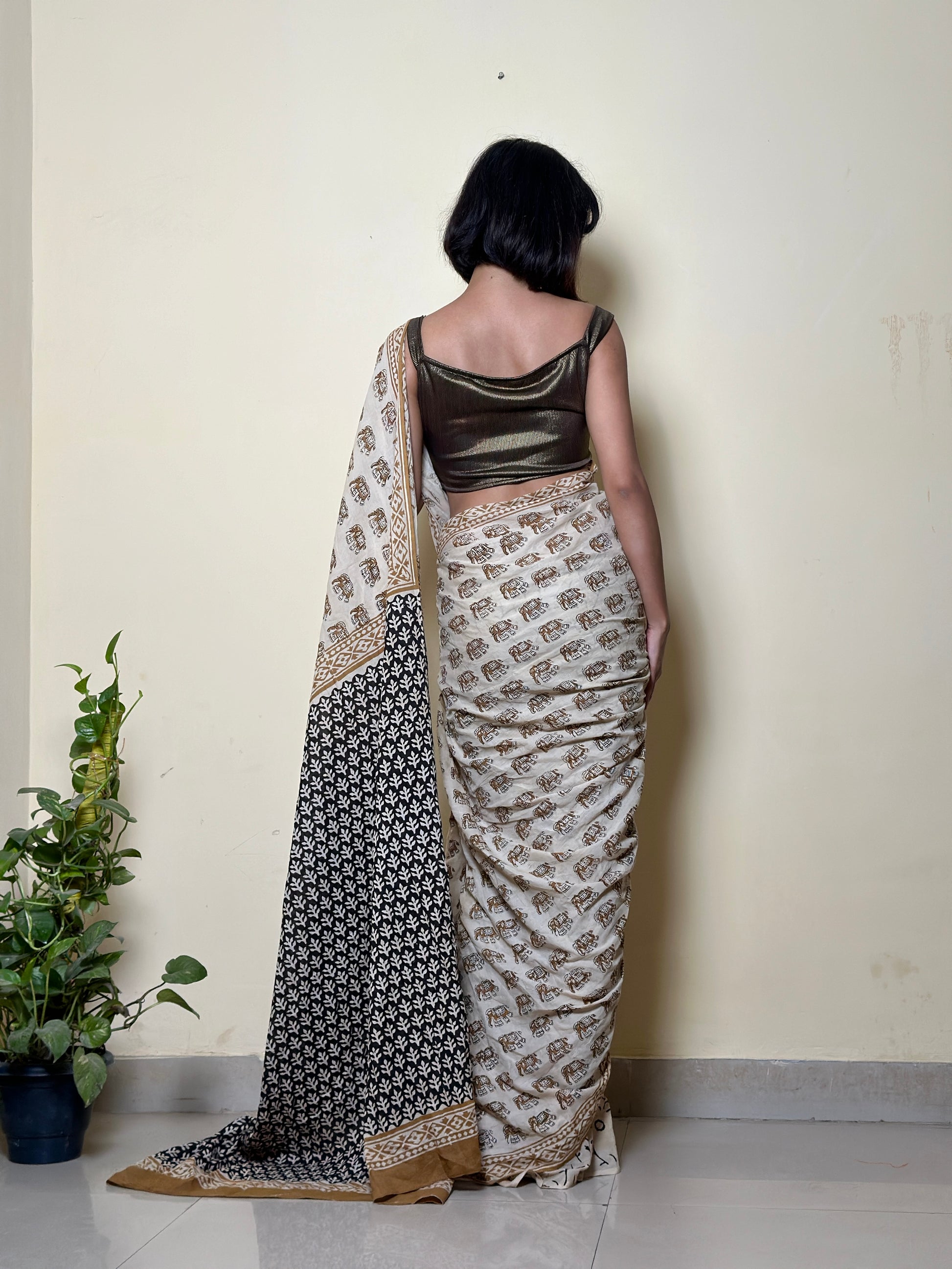 Caramel Chic - Handblock Print Natural Dyed -  Mulmul Cotton Saree