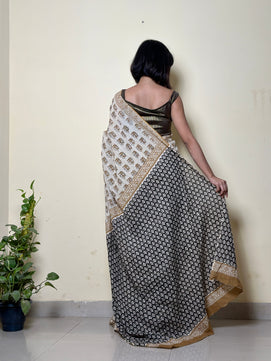 Caramel Chic - Handblock Print Natural Dyed -  Mulmul Cotton Saree