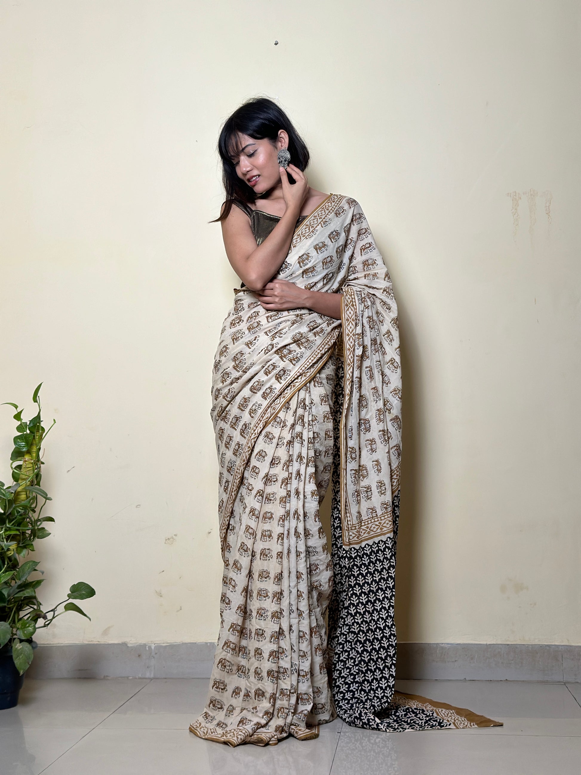 Caramel Chic - Handblock Print Natural Dyed -  Mulmul Cotton Saree