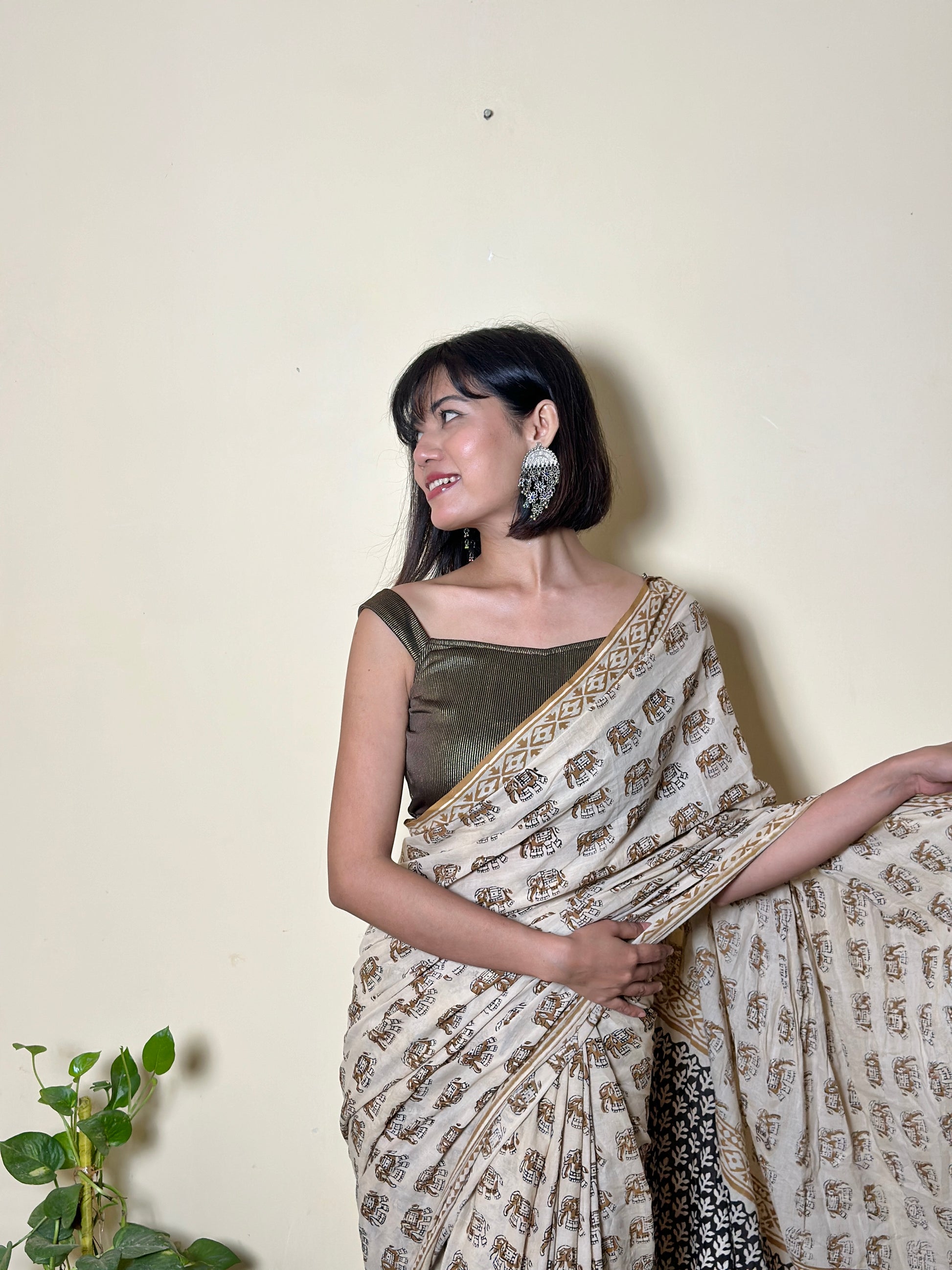 Caramel Chic - Handblock Print Natural Dyed -  Mulmul Cotton Saree