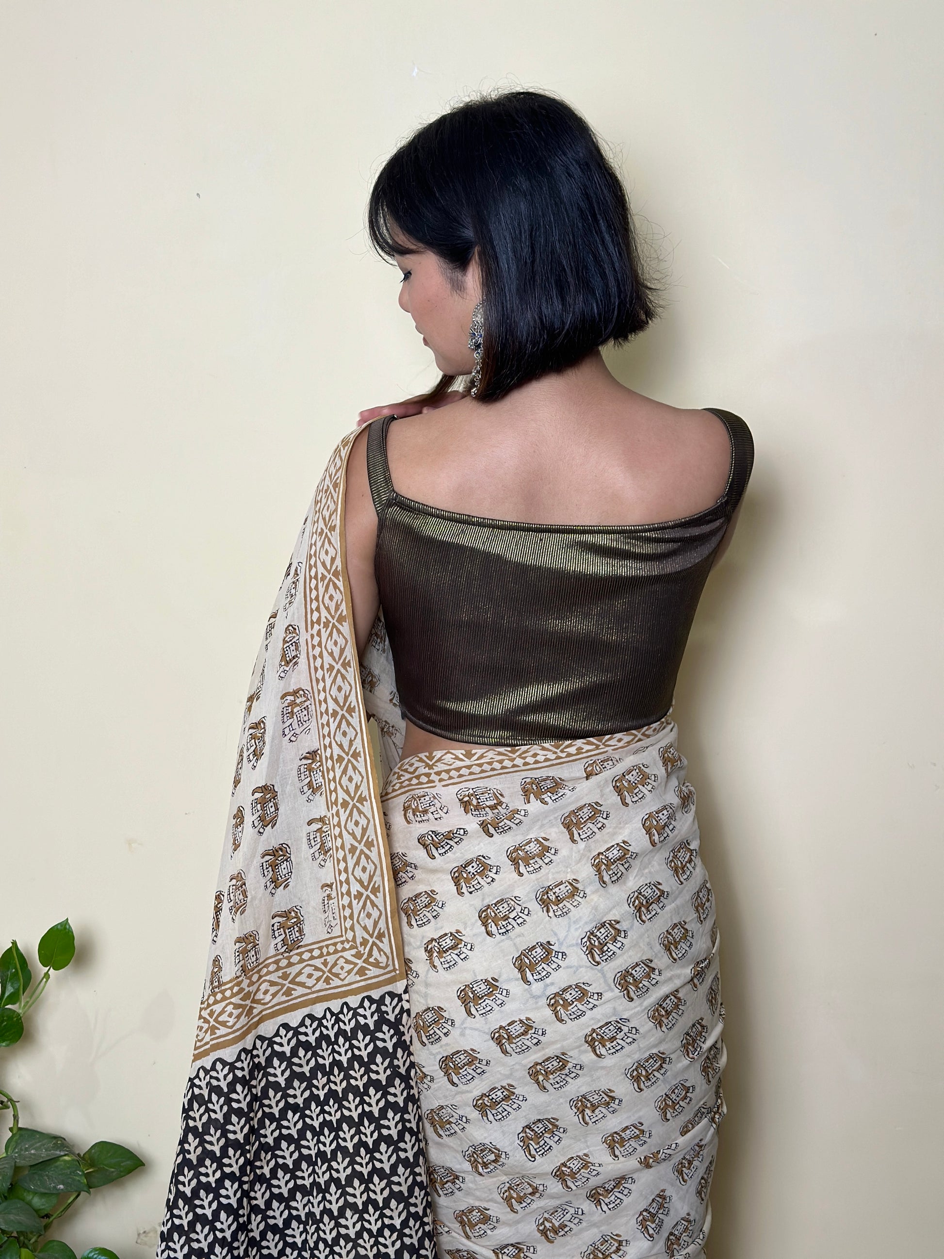 Caramel Chic - Handblock Print Natural Dyed -  Mulmul Cotton Saree