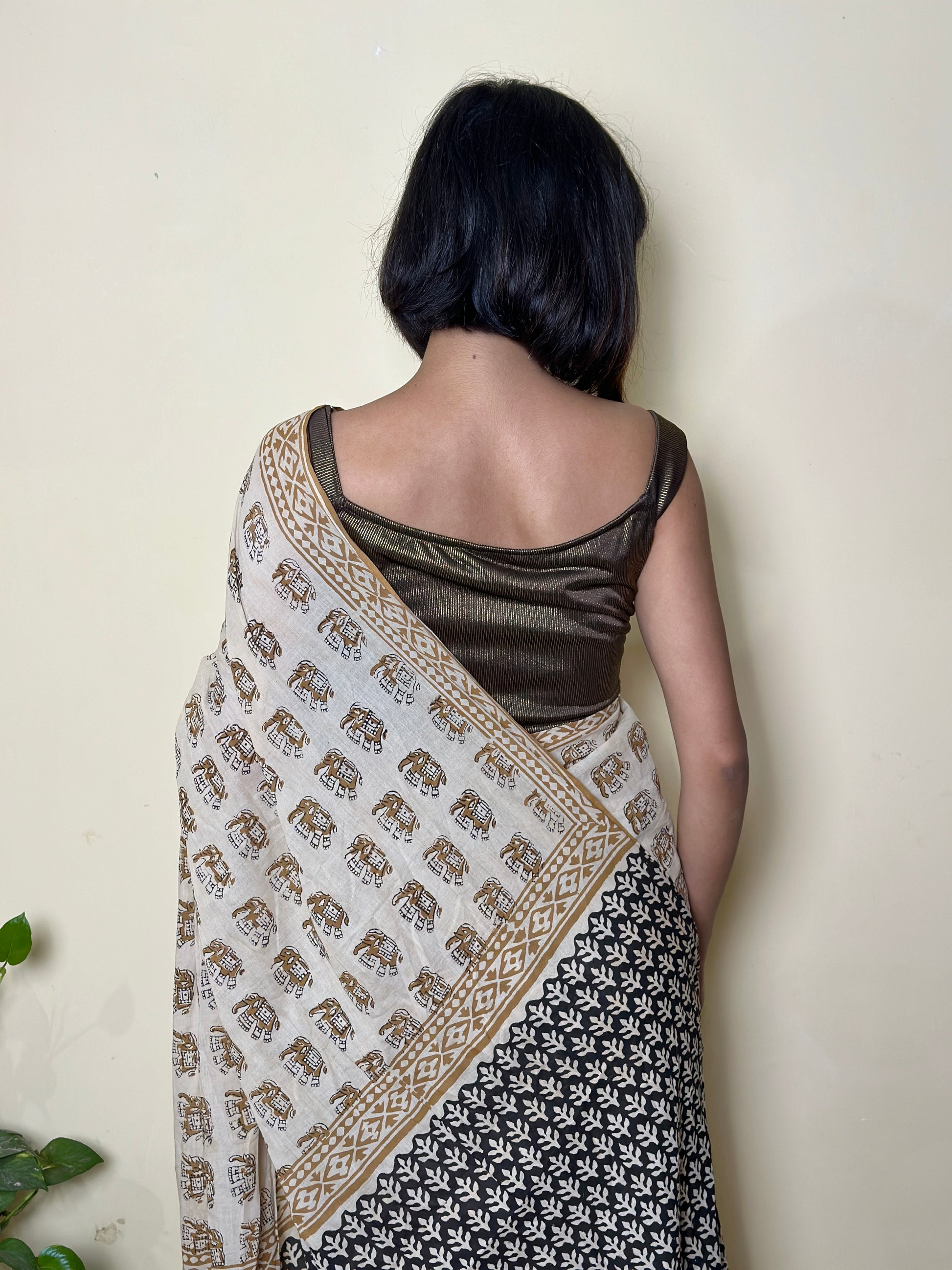 Caramel Chic - Handblock Print Natural Dyed -  Mulmul Cotton Saree