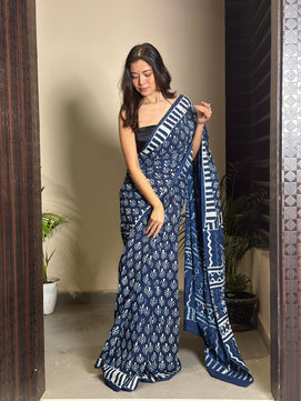 Indigo Lit - Handblock Dabu in Natural Dyes - Cotton Mulmul Saree