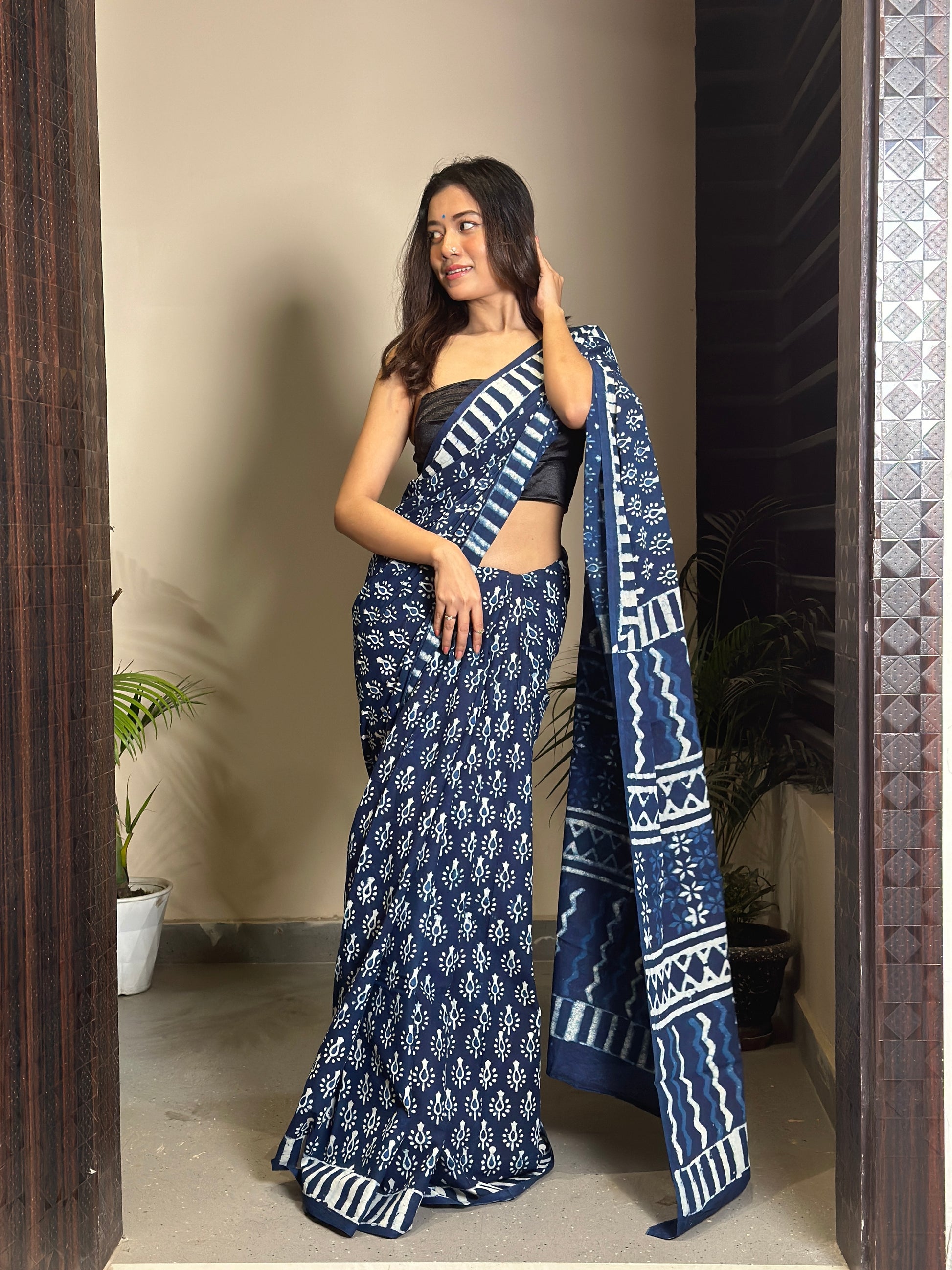 Indigo Lit - Handblock Dabu in Natural Dyes - Cotton Mulmul Saree