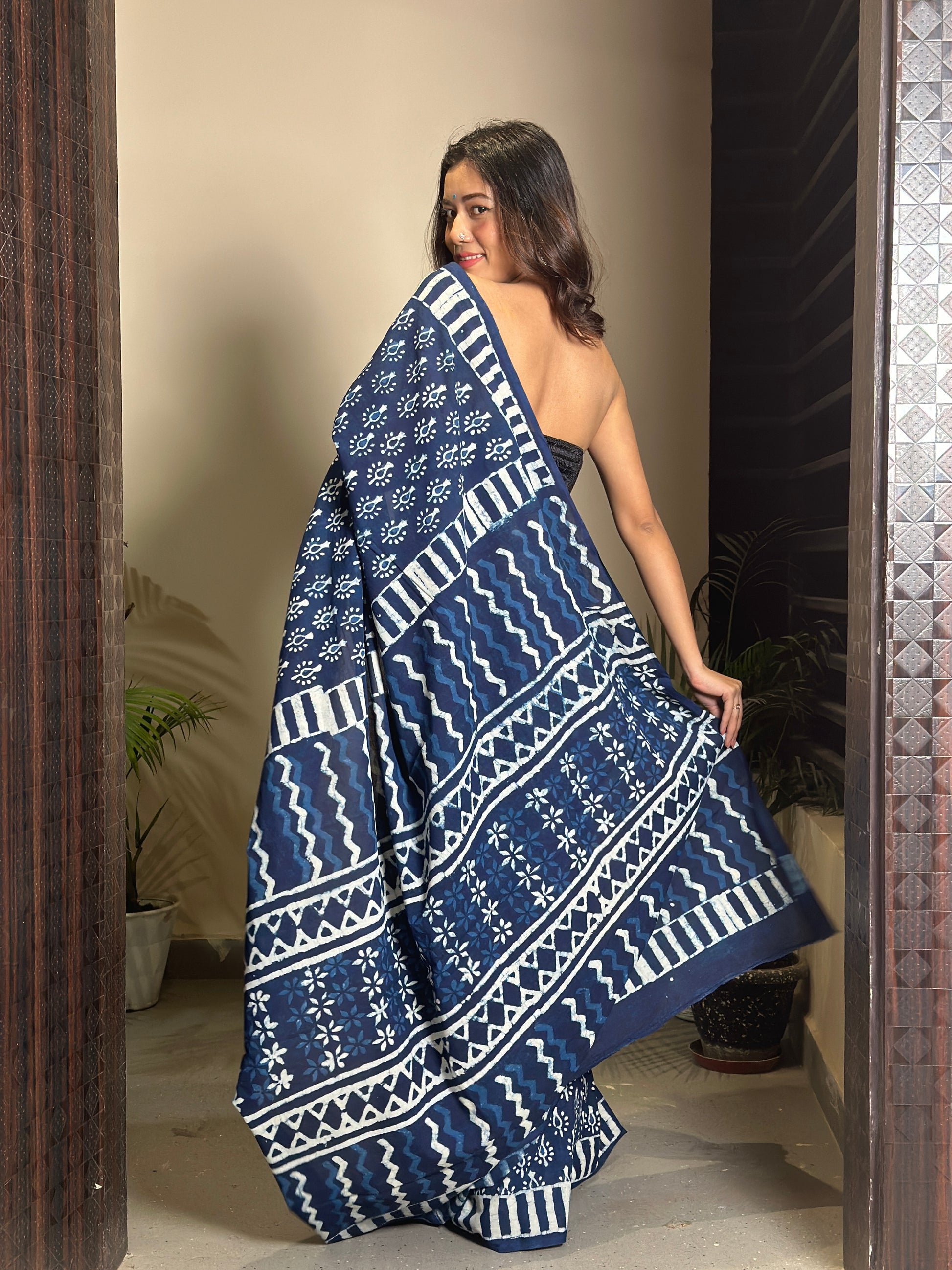 Indigo Lit - Handblock Dabu in Natural Dyes - Cotton Mulmul Saree