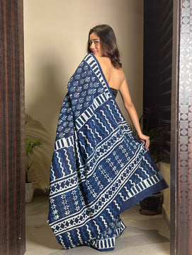 Indigo Lit - Handblock Dabu in Natural Dyes - Cotton Mulmul Saree