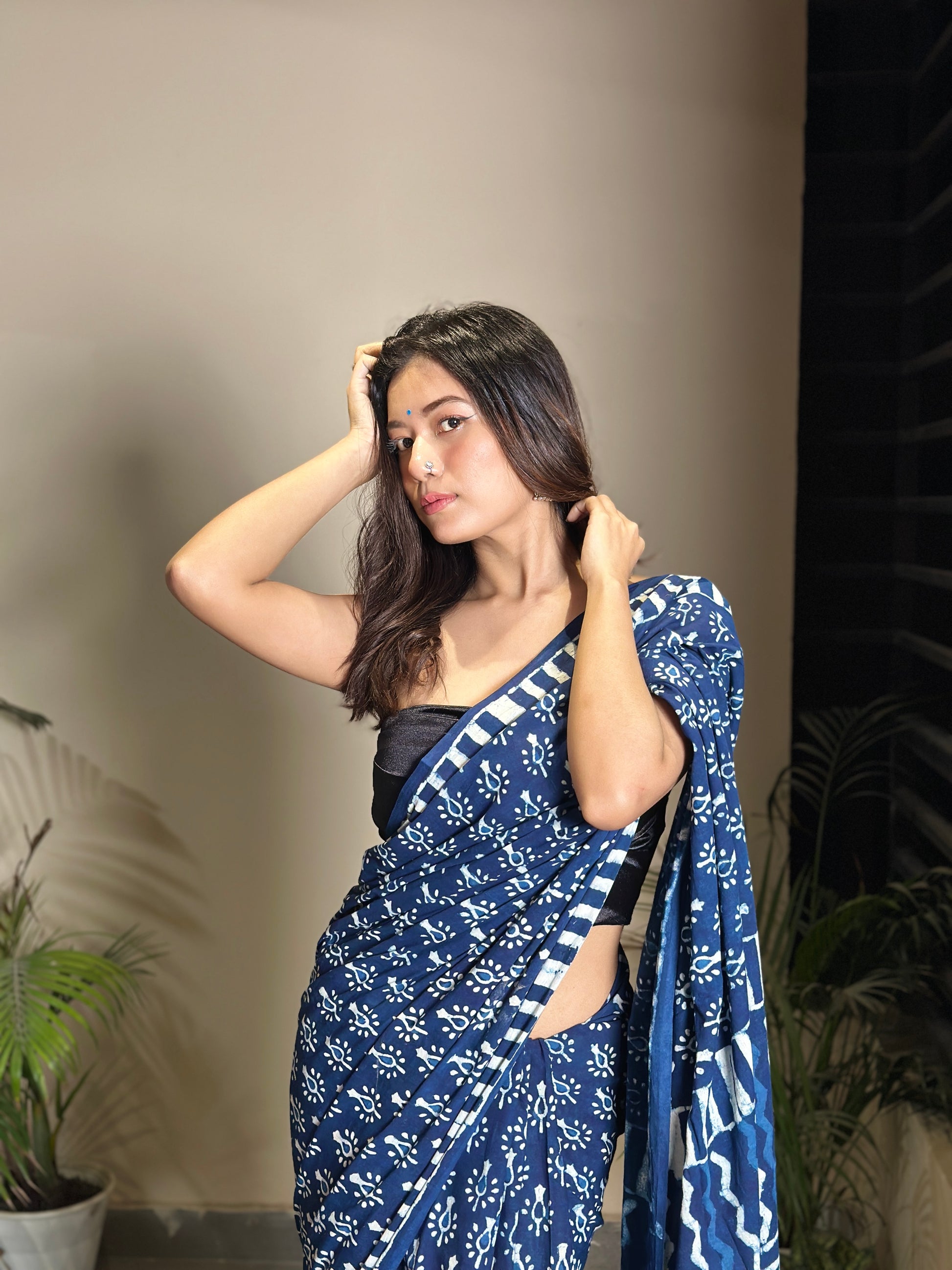 Indigo Lit - Handblock Dabu in Natural Dyes - Cotton Mulmul Saree