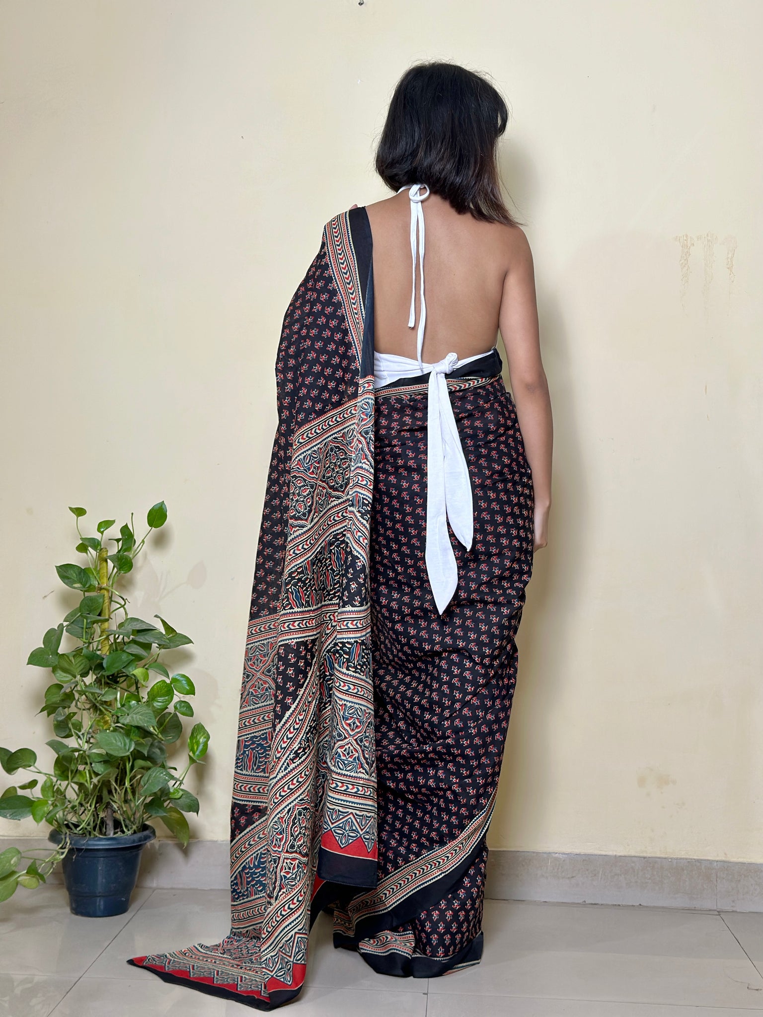 Maa-Si -  Black Ajarkh Handblock - Cotton Mulmul Handblock Saree