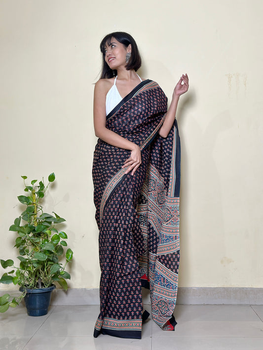 Maa-Si -  Black Ajarkh Handblock - Cotton Mulmul Handblock Saree