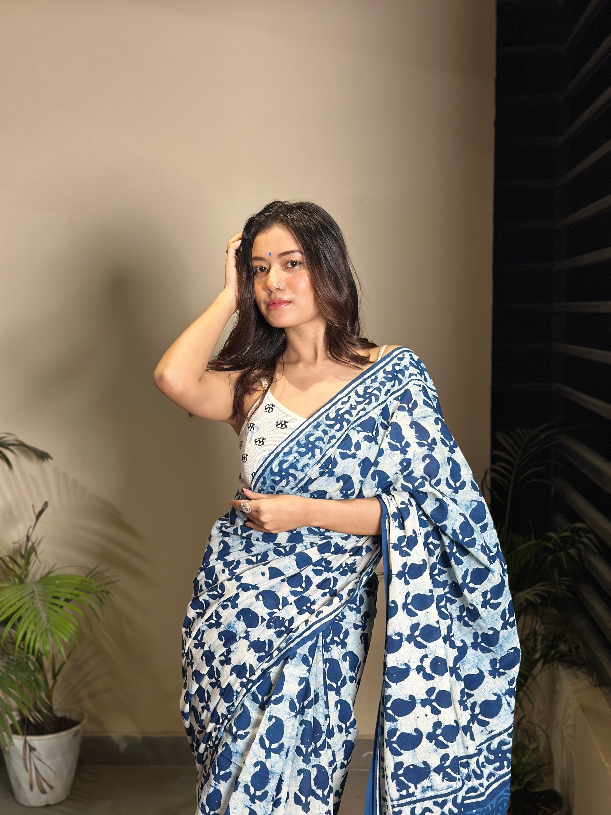 Inspired by Clouds - Indigo Collection - Cotton Mulmul Dabu Saree