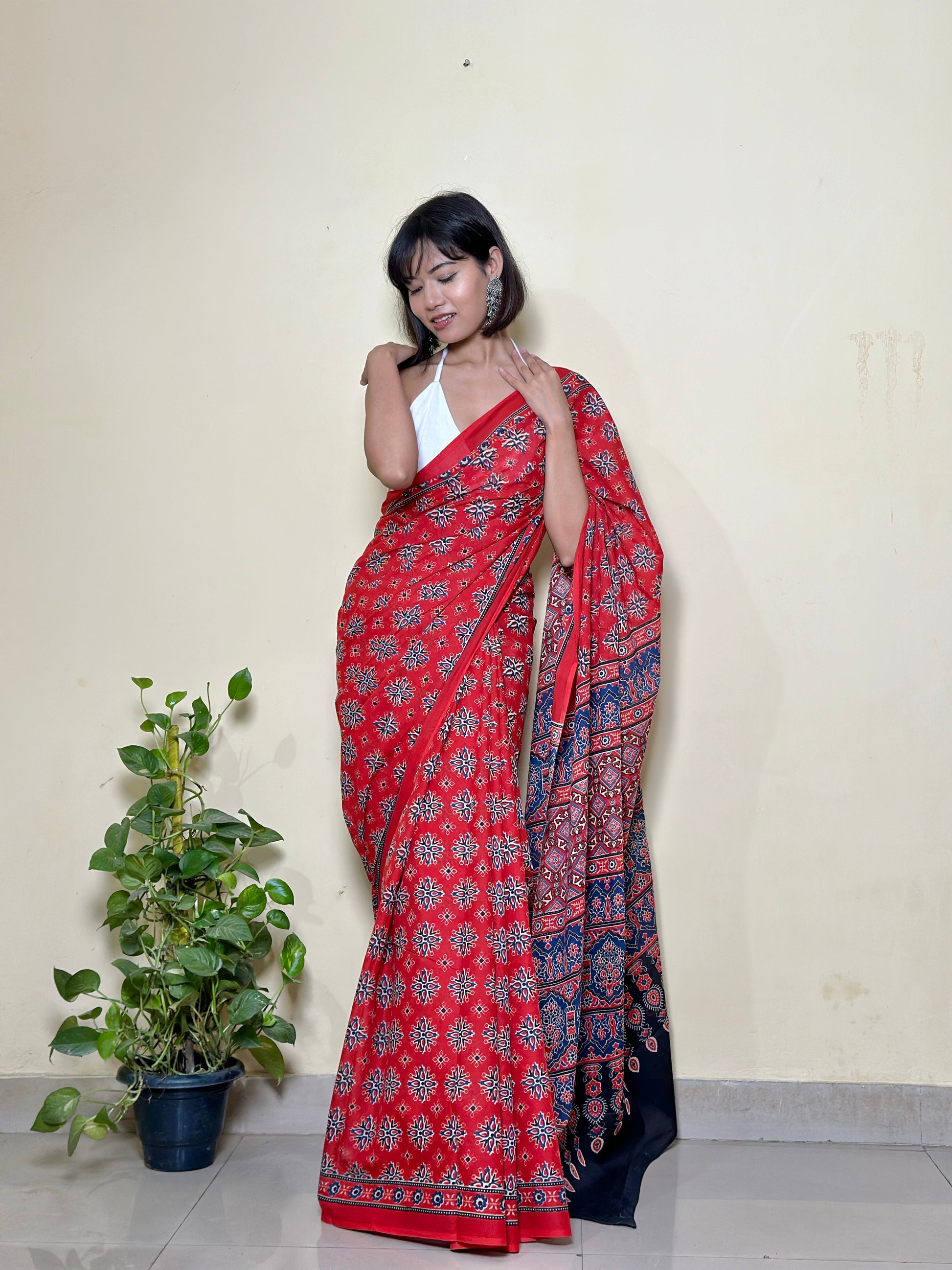 Red Ajrakh - Cotton Mulmul Handlock Saree