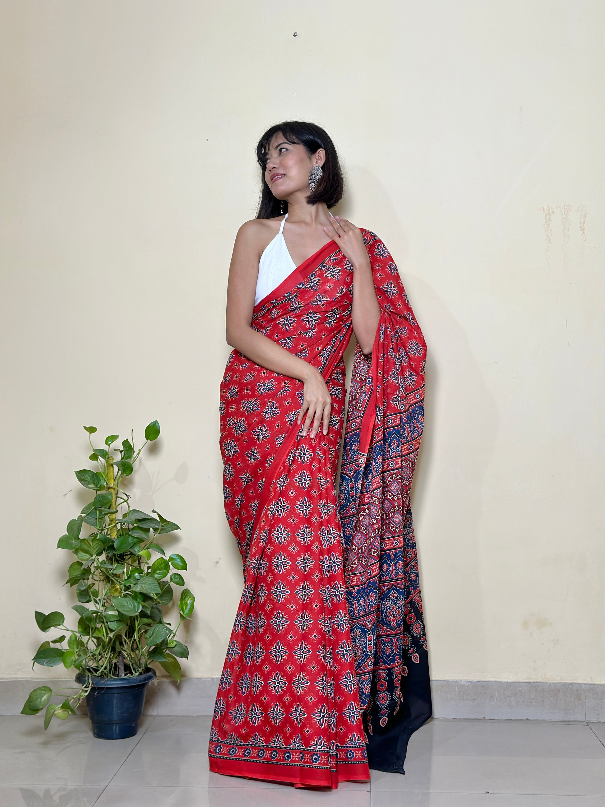 Red Ajrakh - Cotton Mulmul Handlock Saree