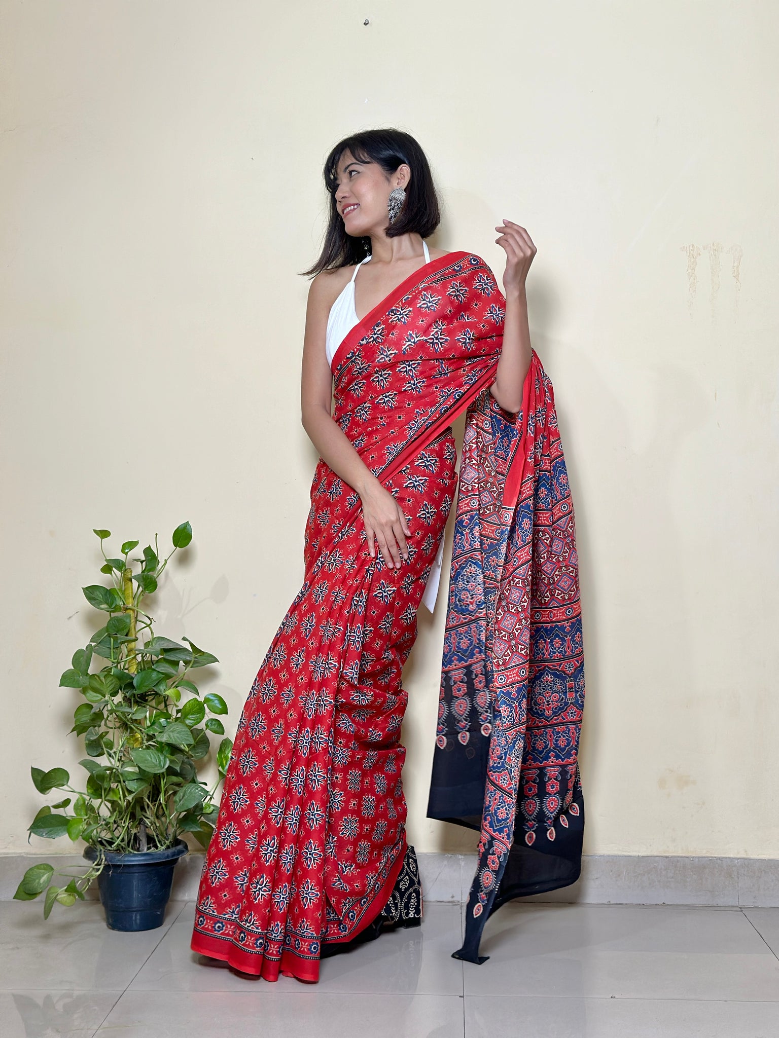 Red Ajrakh - Cotton Mulmul Handlock Saree