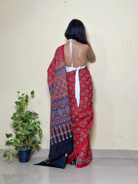 Red Ajrakh - Cotton Mulmul Handlock Saree