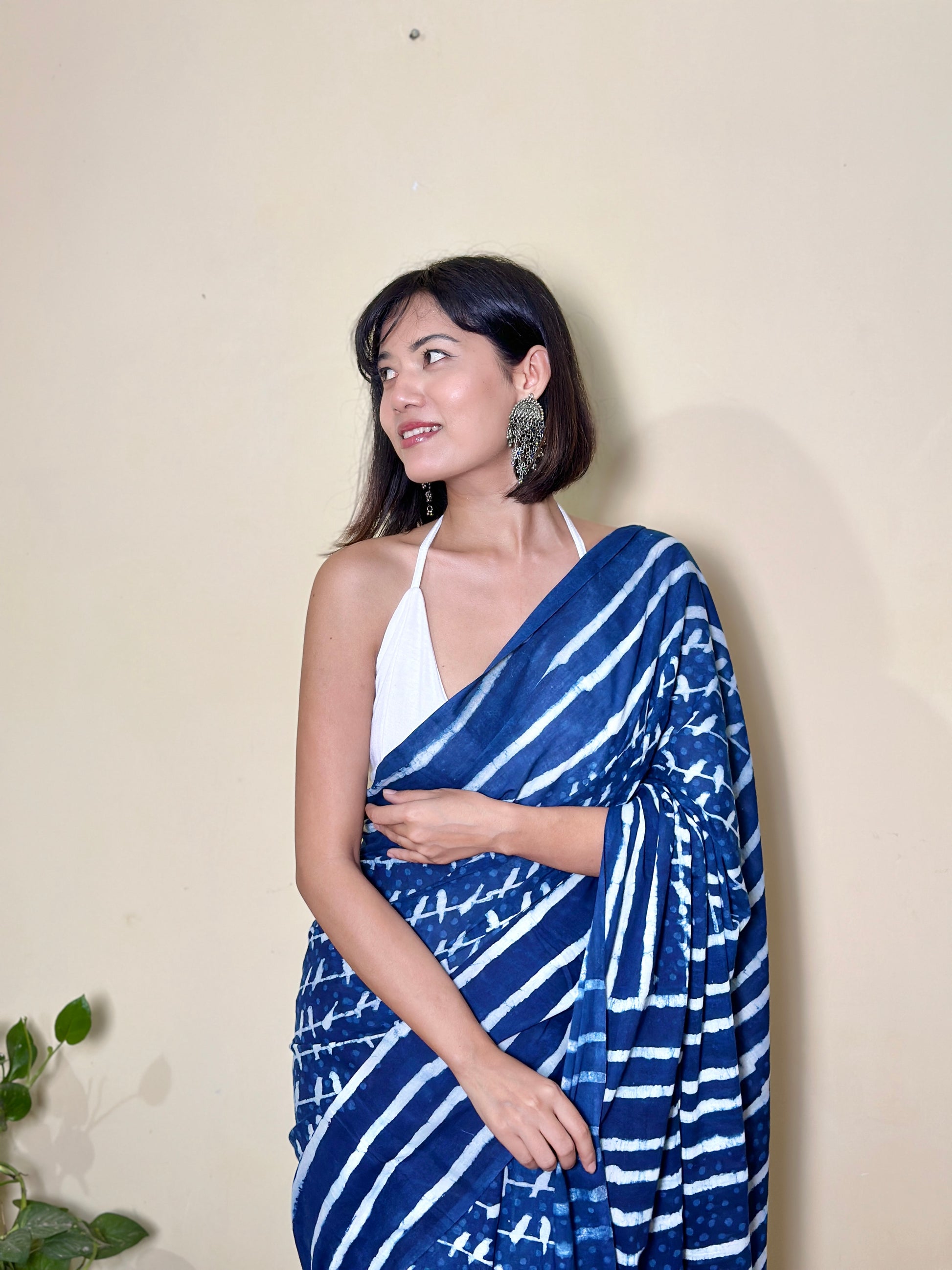 Sonchoraiya Indigo - Cotton Mulmul - Handblock Dabu Saree