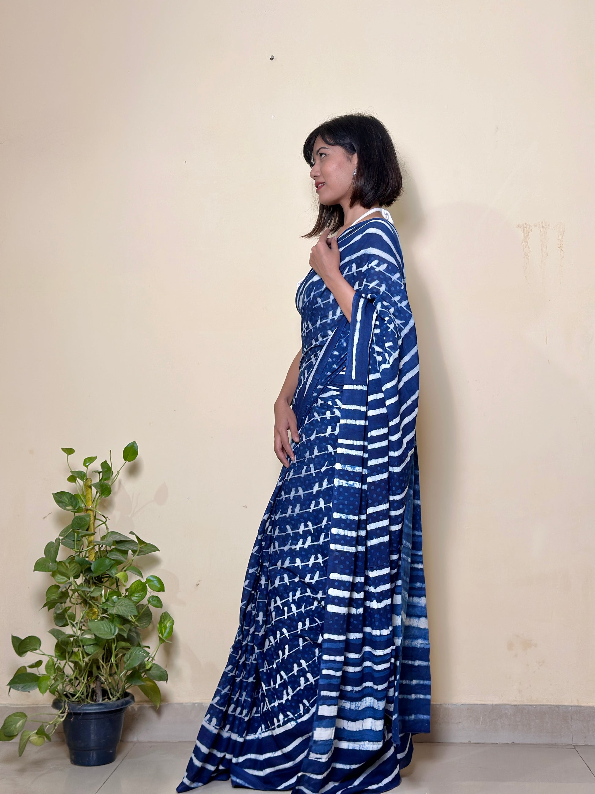 Sonchoraiya Indigo - Cotton Mulmul - Handblock Dabu Saree