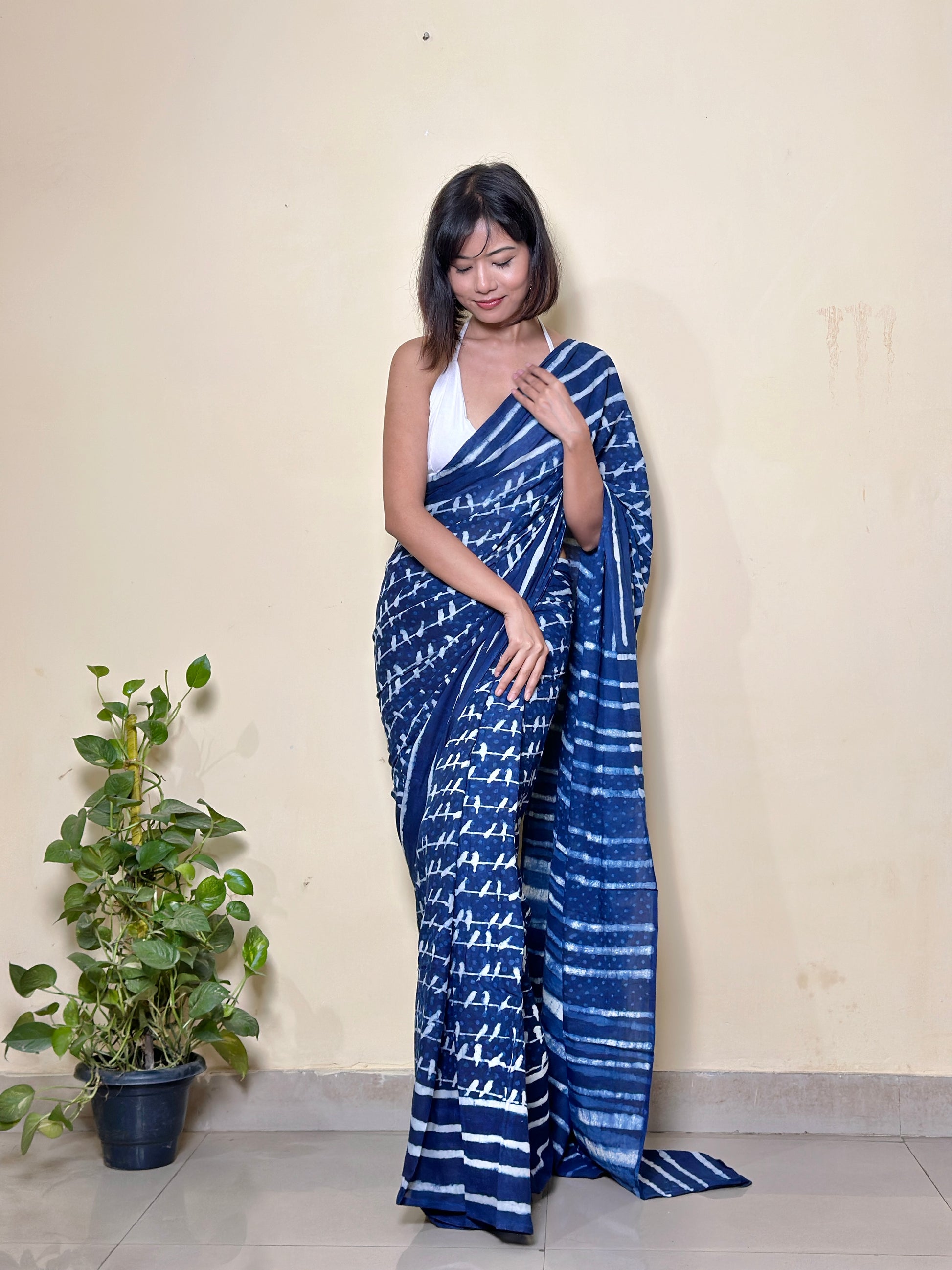 Sonchoraiya Indigo - Cotton Mulmul - Handblock Dabu Saree