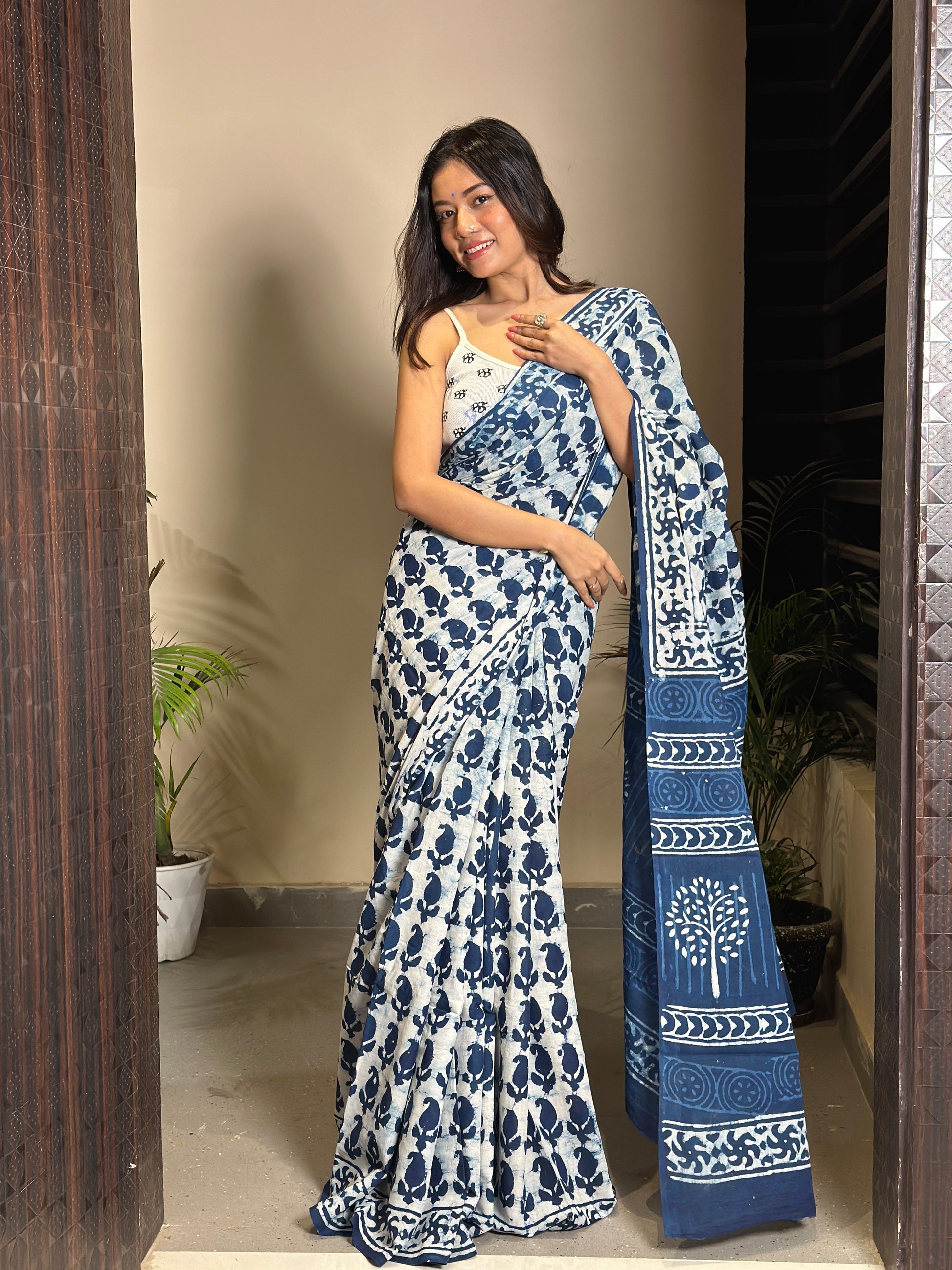 Inspired by Clouds - Indigo Collection - Cotton Mulmul Dabu Saree