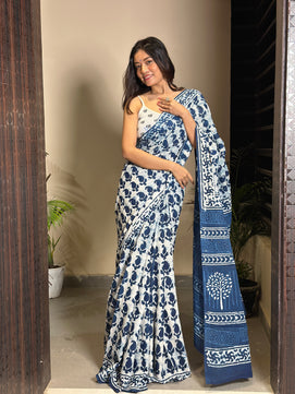 Inspired by Clouds - Indigo Collection - Cotton Mulmul Dabu Saree