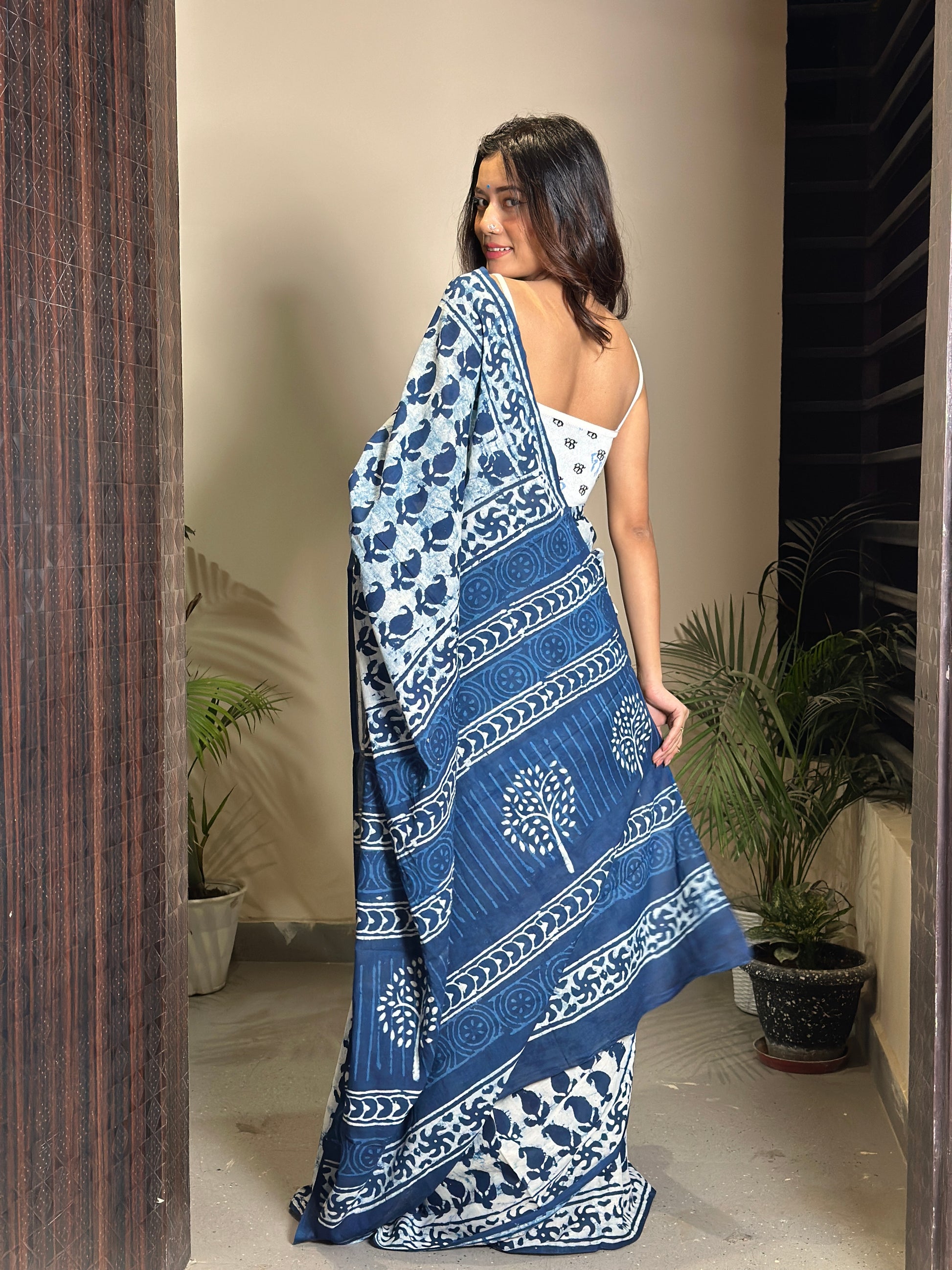 Inspired by Clouds - Indigo Collection - Cotton Mulmul Dabu Saree