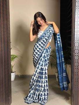 Inspired by Clouds - Indigo Collection - Cotton Mulmul Dabu Saree