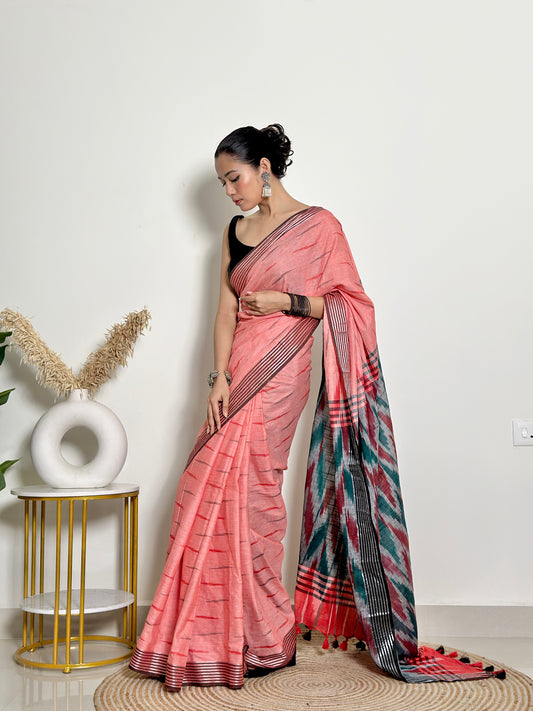 Coral And Grey Ikat Natural Dyed - HandCrafted - Soft Linen Saree