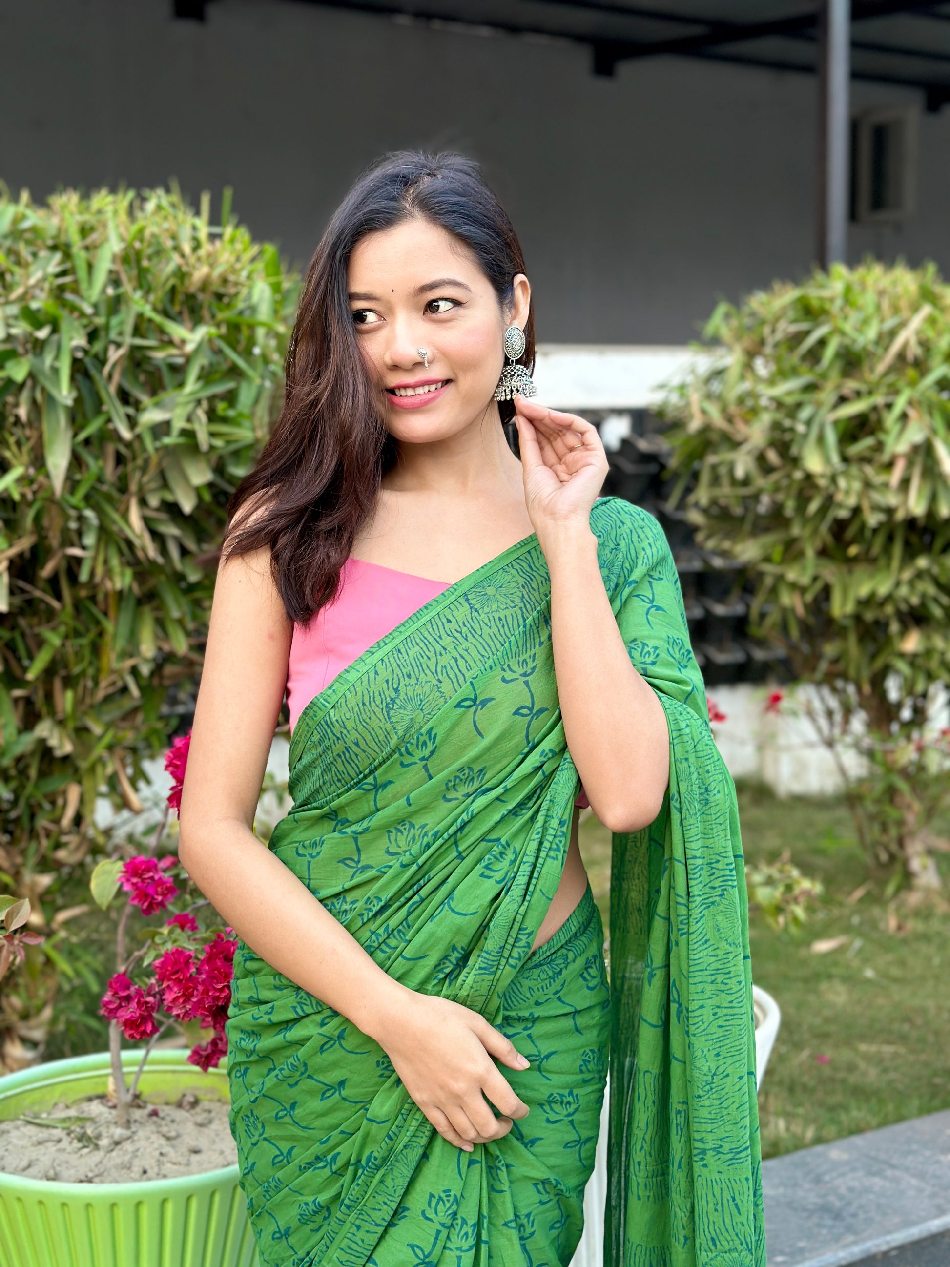 Lotus in Green hue - Handblock Print Natural Dyed - Mulmul Cotton Saree