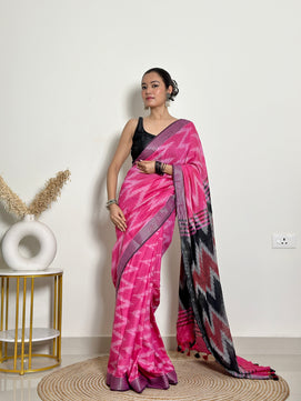 Pink and Black Ikkat Natural Dyed - HandCrafted - Soft Linen Saree