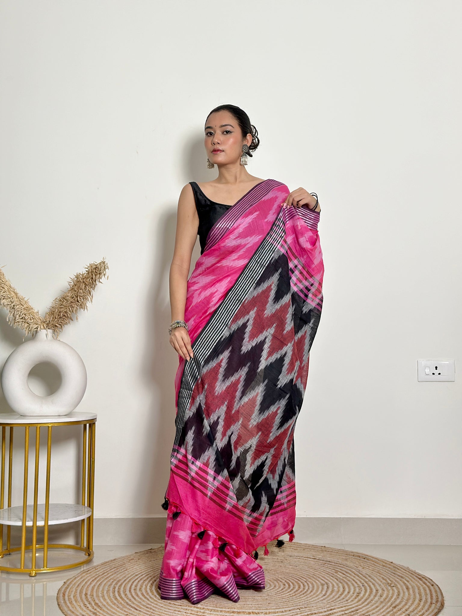 Pink and Black Ikkat Natural Dyed - HandCrafted - Soft Linen Saree