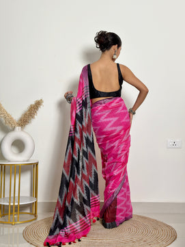 Pink and Black Ikkat Natural Dyed - HandCrafted - Soft Linen Saree