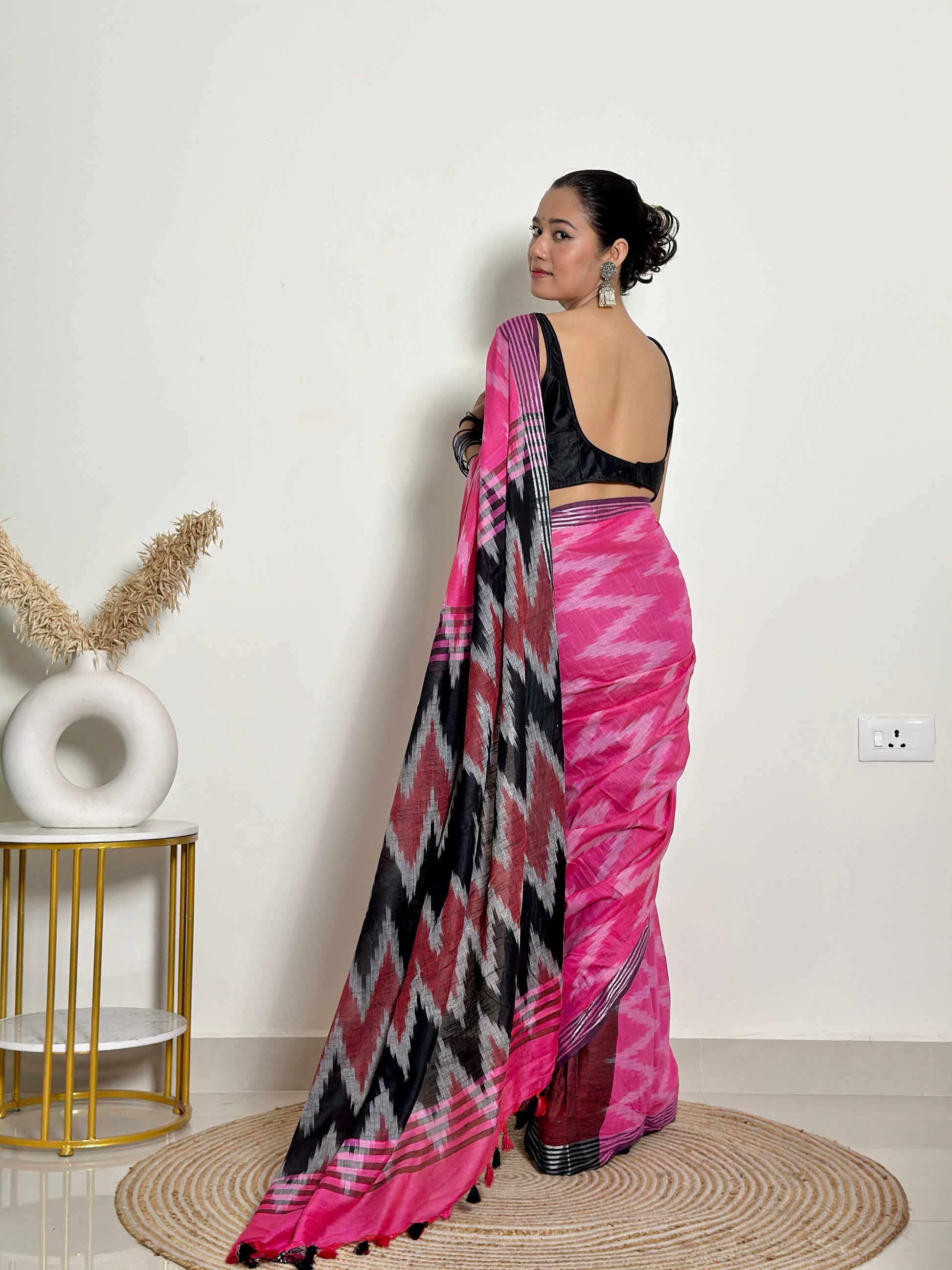 Pink and Black Ikkat Natural Dyed - HandCrafted - Soft Linen Saree