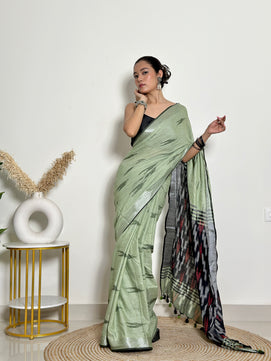 Pista Ikat Natural Dyed - HandCrafted - Soft Linen Saree