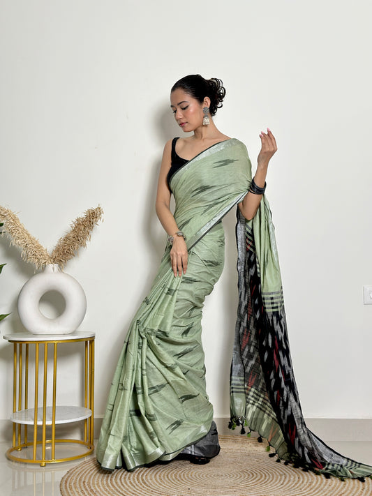 Pista Ikat Natural Dyed - HandCrafted - Soft Linen Saree