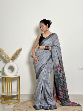 Slaty Ikat Natural Dyed - HandCrafted - Soft Linen Saree