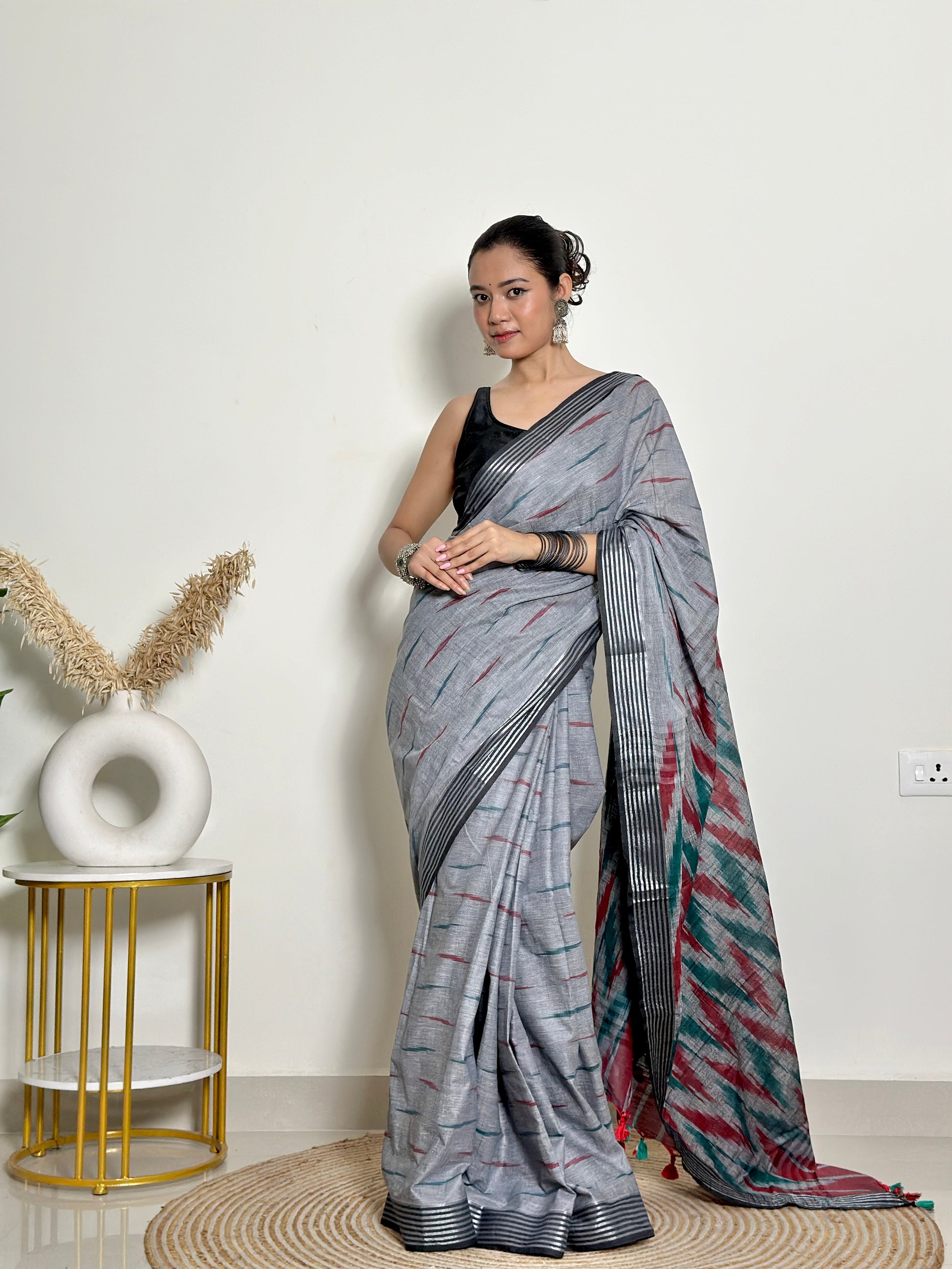 Slaty Ikat Natural Dyed - HandCrafted - Soft Linen Saree