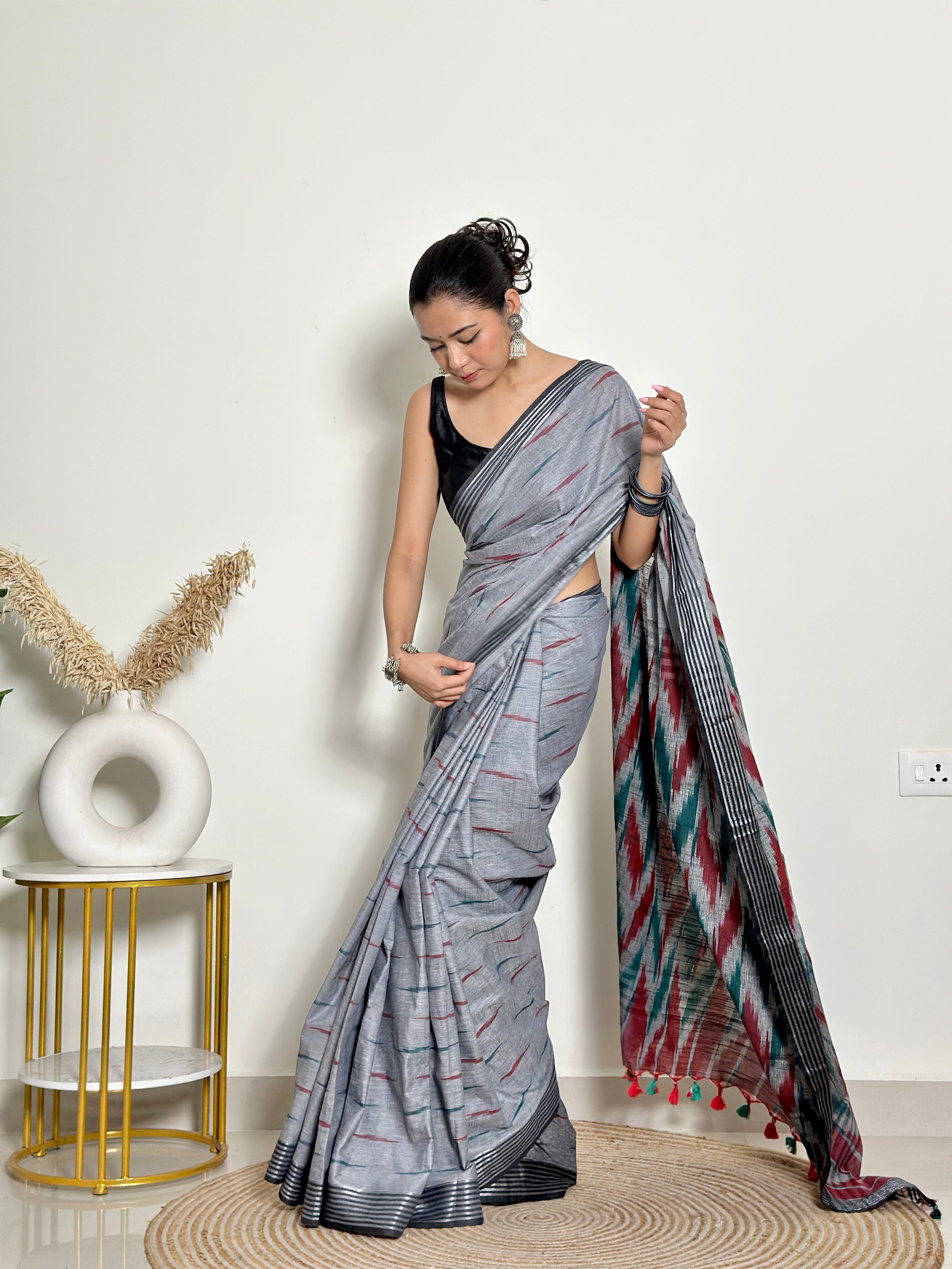 Slaty Ikat Natural Dyed - HandCrafted - Soft Linen Saree