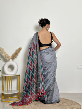 Slaty Ikat Natural Dyed - HandCrafted - Soft Linen Saree