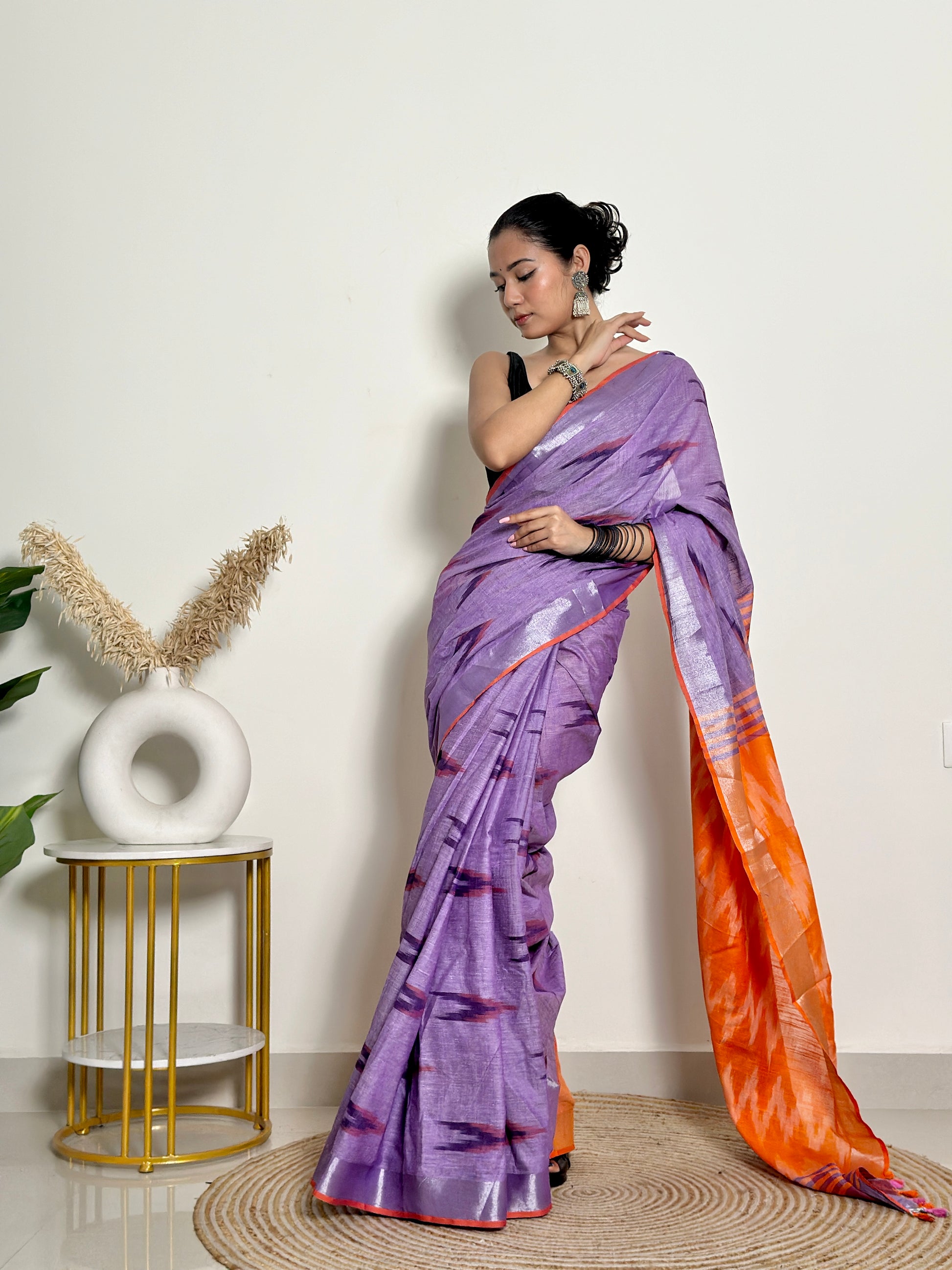 Lavender and Orange Ikat Natural Dyed - HandCrafted - Soft Linen Saree