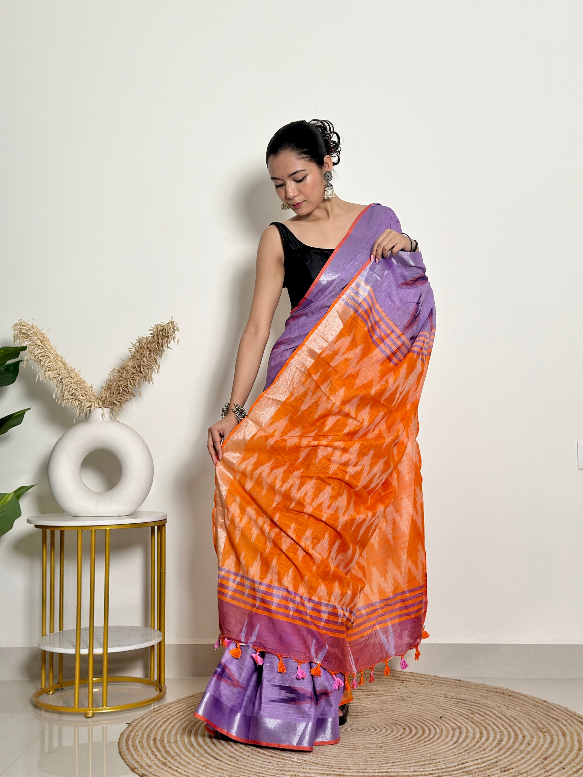 Lavender and Orange Ikat Natural Dyed - HandCrafted - Soft Linen Saree