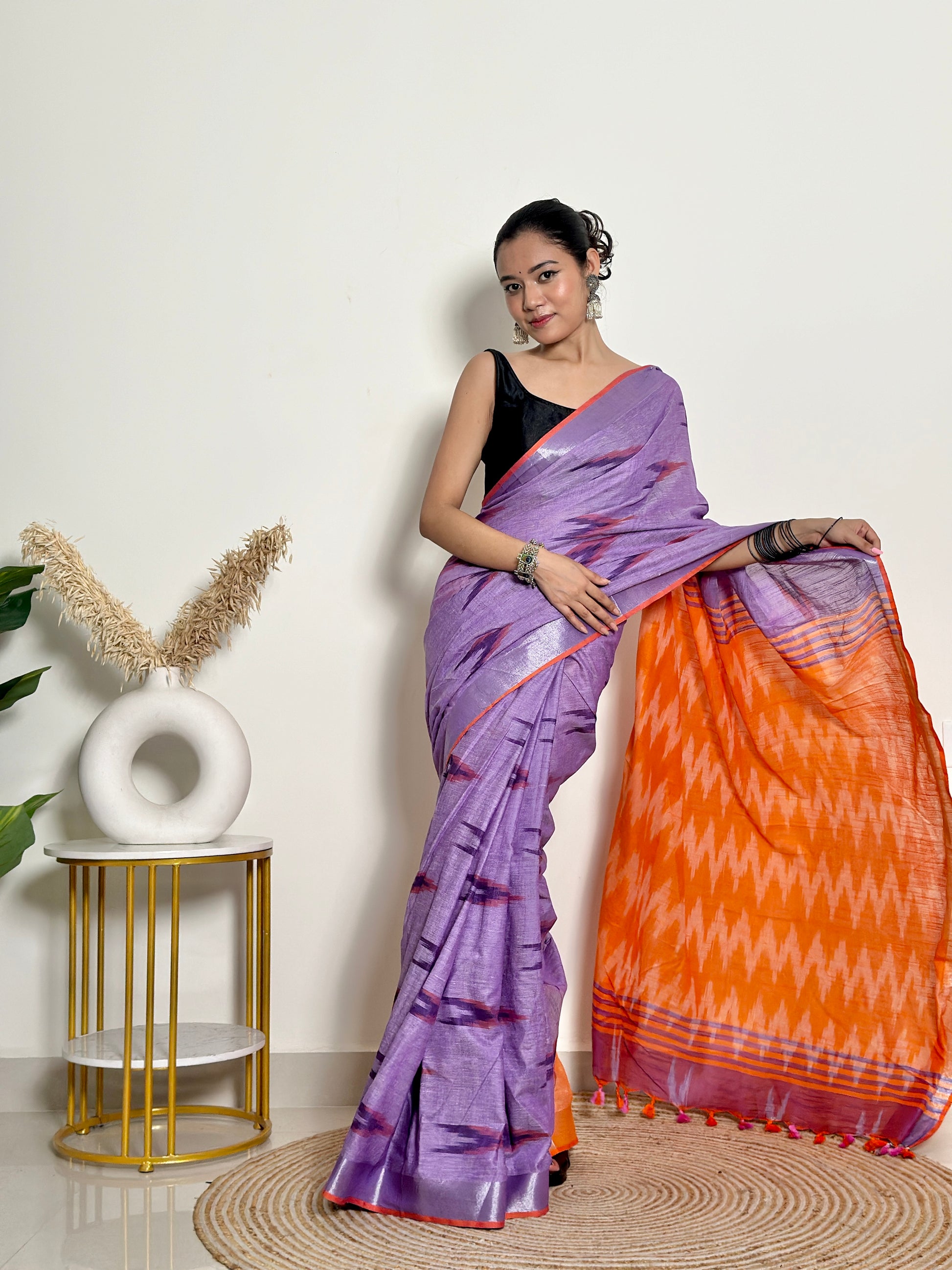 Lavender and Orange Ikat Natural Dyed - HandCrafted - Soft Linen Saree