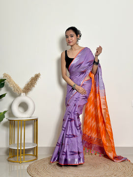 Lavender and Orange Ikat Natural Dyed - HandCrafted - Soft Linen Saree