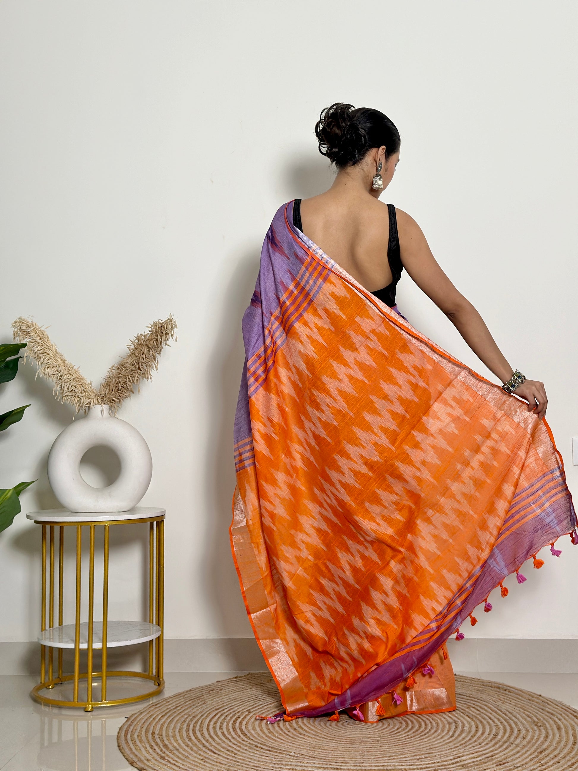 Lavender and Orange Ikat Natural Dyed - HandCrafted - Soft Linen Saree